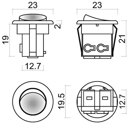 Выключатель круглый врезной,D23 Wt, мебельный (AC250V, 6A, IP20) белый пластик  (G17812)