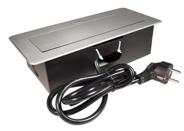 Блок розеток открывающ.горизонтальный (2х220-240V 12A 2хUSB 2,7kW IP20), с проводом, серебристый
