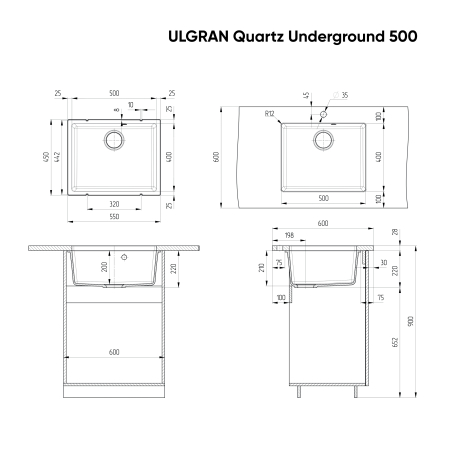 Мойка ULGRAN Quartz Underground 500-07 уголь