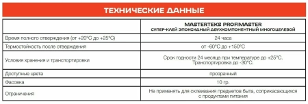 Супер-клей эпоксидный двухкомпонентный MasterTeks ProfiMaster многоцелевой 10 гр прозрачный