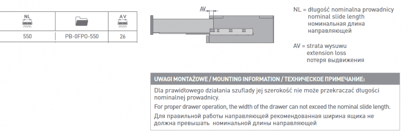 Направляющие MODERN SLIDE L-550 полного выдвижения для деревянных ящиков с выталкивателем (PtoO)