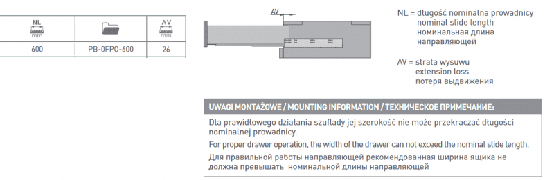Направляющие MODERN SLIDE L-600 полного выдвижения для деревянных ящиков с выталкивателем (PtoO)