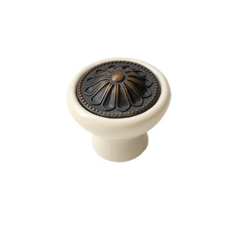 Ручка-кнопка D39 мм, старинная латунь/керамика белая