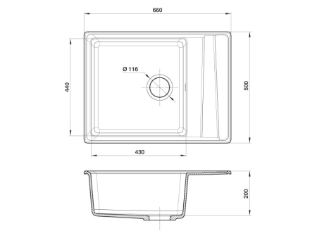 Кухонная мойка врезная GF-LV-660L 660x500 мм в шкаф 500 мм, графит