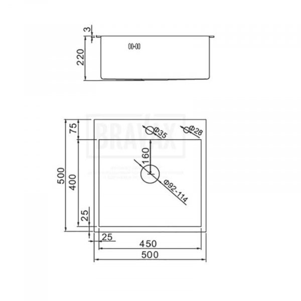 Мойка врезная 50х50 ГРАФИТ AFLORN (3ммх220мм) выпуск 3 1/2 с сифоном AF95050