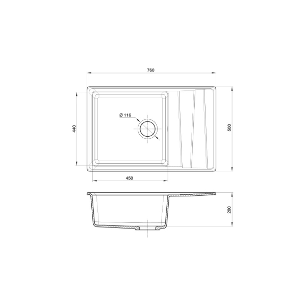 Кухонная мойка врезная GF-LV-760L 760x500 мм в шкаф 600 мм, серый