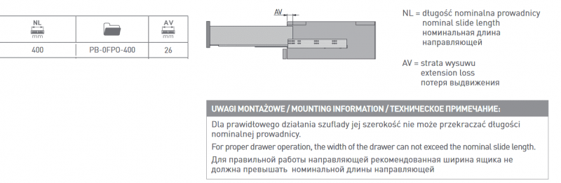 Направляющие MODERN SLIDE L-400 полного выдвижения для деревянных ящиков с выталкивателем (PtoO)
